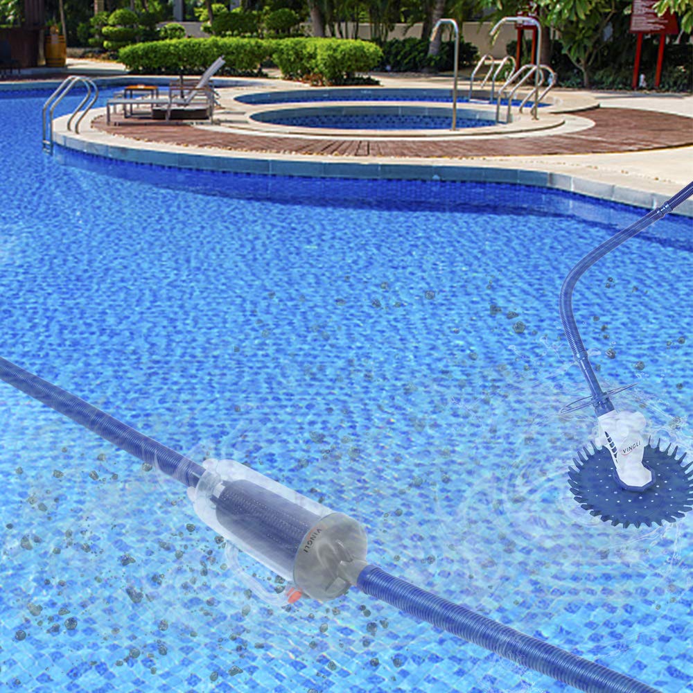 Blue-grey housing of VINGLI leaf canister for durable poolside use.