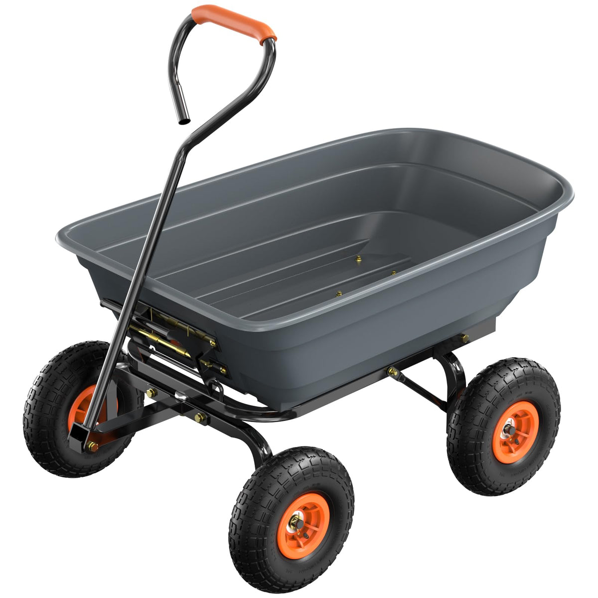 VINGLI Dump Cart Wagon bed with spacious 4-cubic-foot tray for mulch and soil.