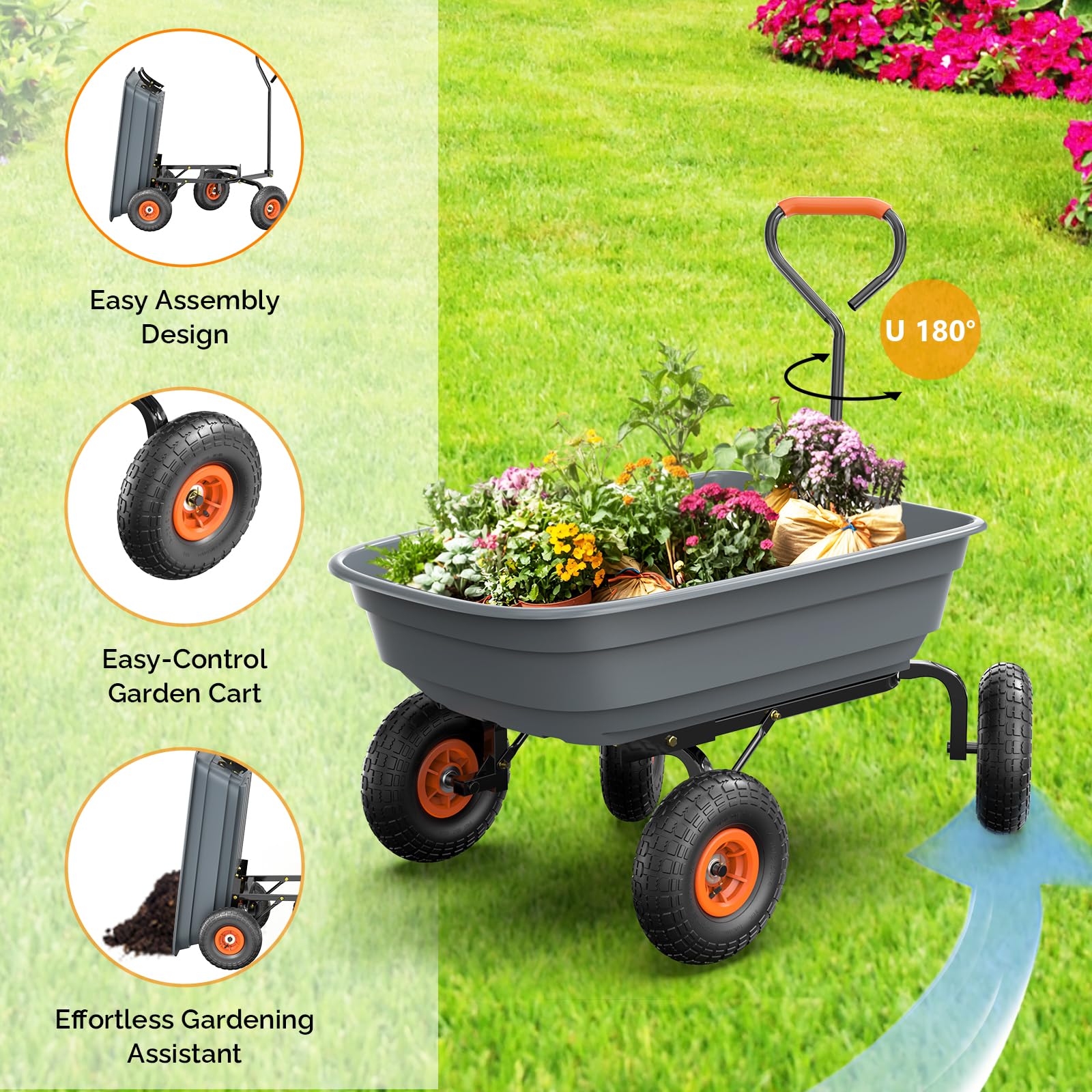 VINGLI Dump Cart Wagon rotating handle enabling precise 180-degree steering.