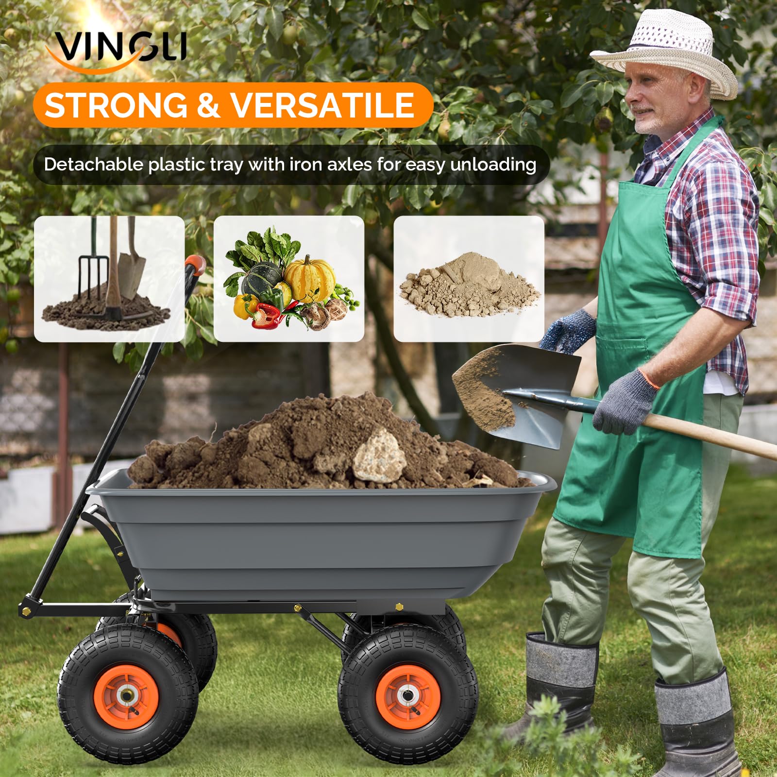 VINGLI Dump Cart Wagon 10-inch tires offering all-terrain traction.