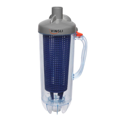 VINGLI leaf canister with mesh basket traps debris before reaching the pool pump.