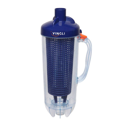 VINGLI leaf trap canister in blue, front view showing sturdy debris capture for pool vacuums