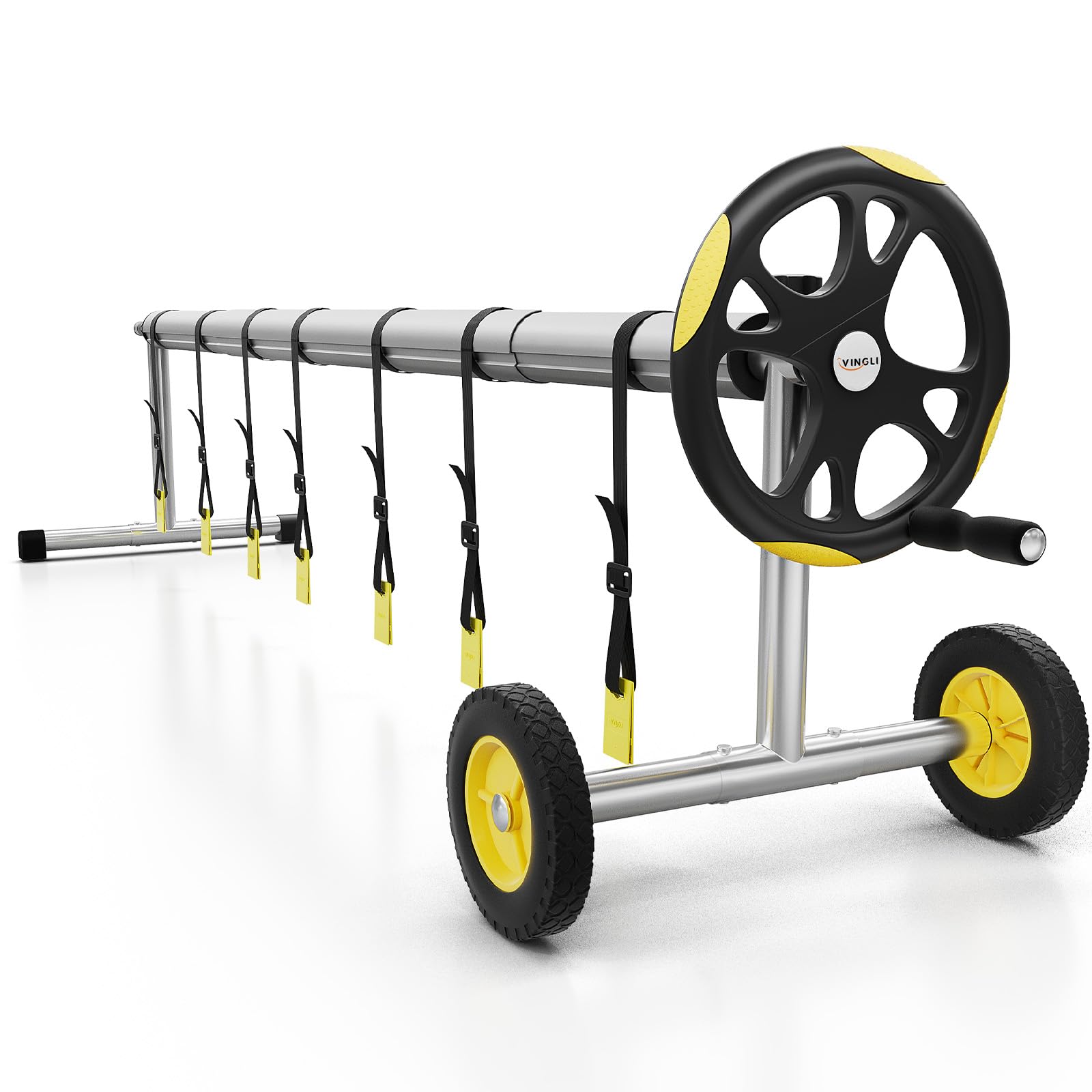 VINGLI pool cover reel assembly view shows sturdy aluminum frame for smooth operation
