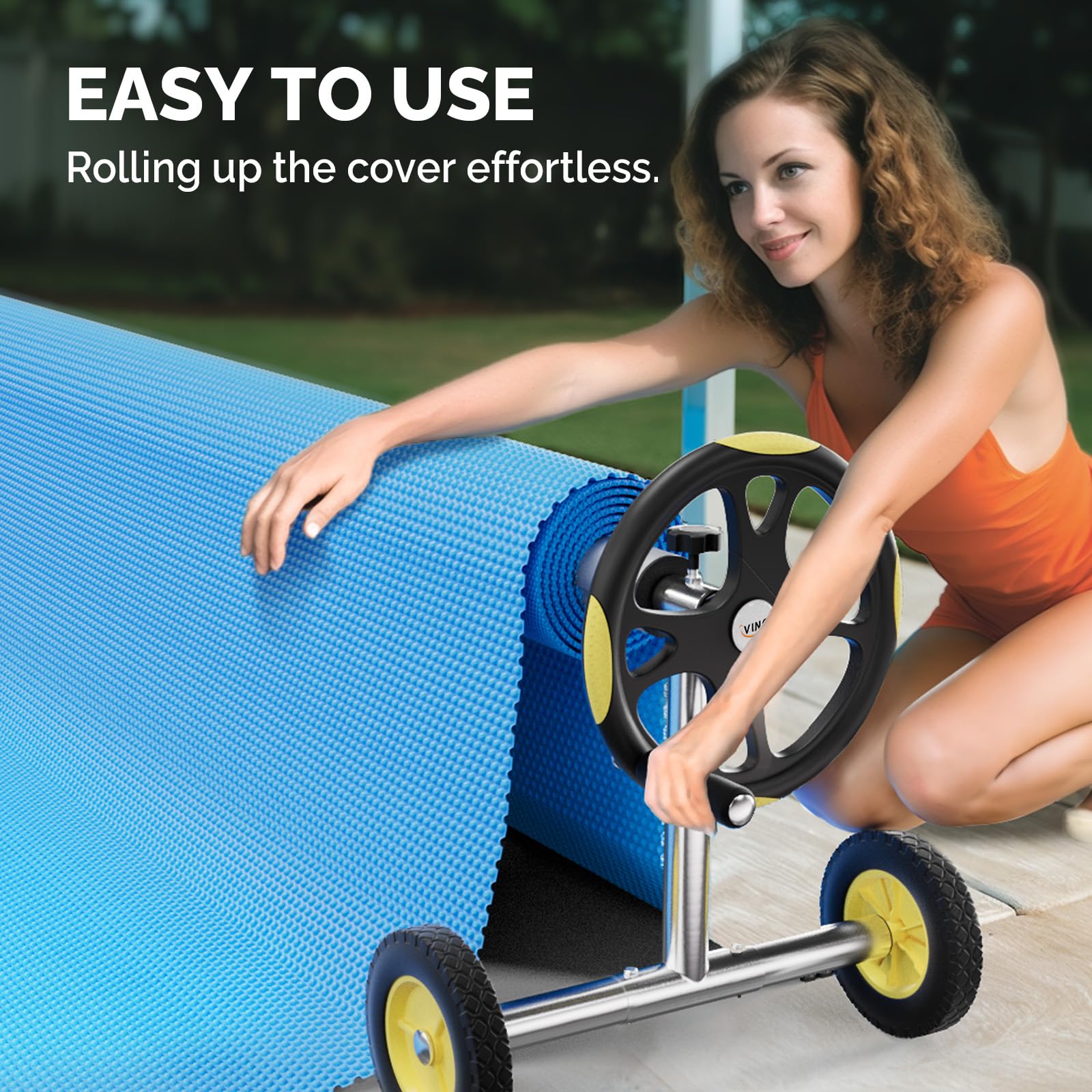 VINGLI pool cover reel straps attachment demonstrates secure cover setup