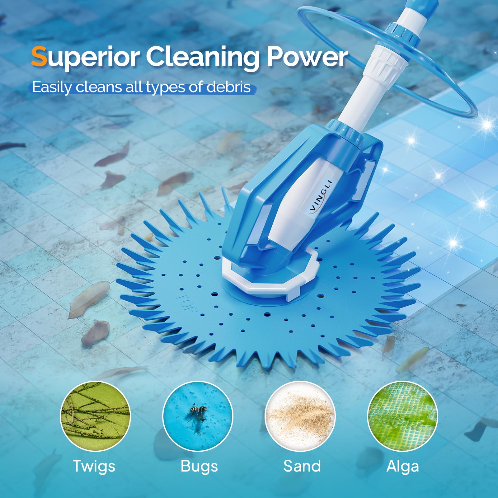 VINGLI pool vacuum cleaner assembly and hoses enable quick setup.