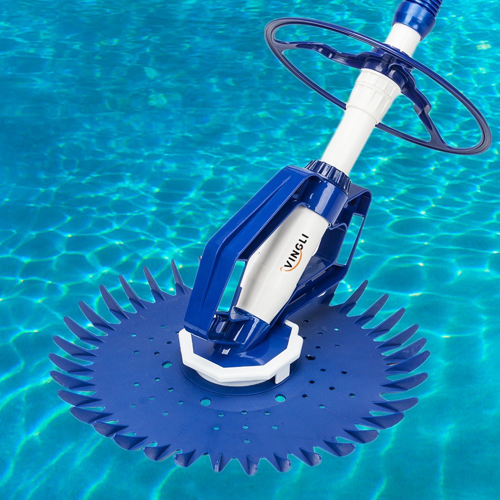 VINGLI pool vacuum cleaner navy blue angle shows compact design for easy setup.