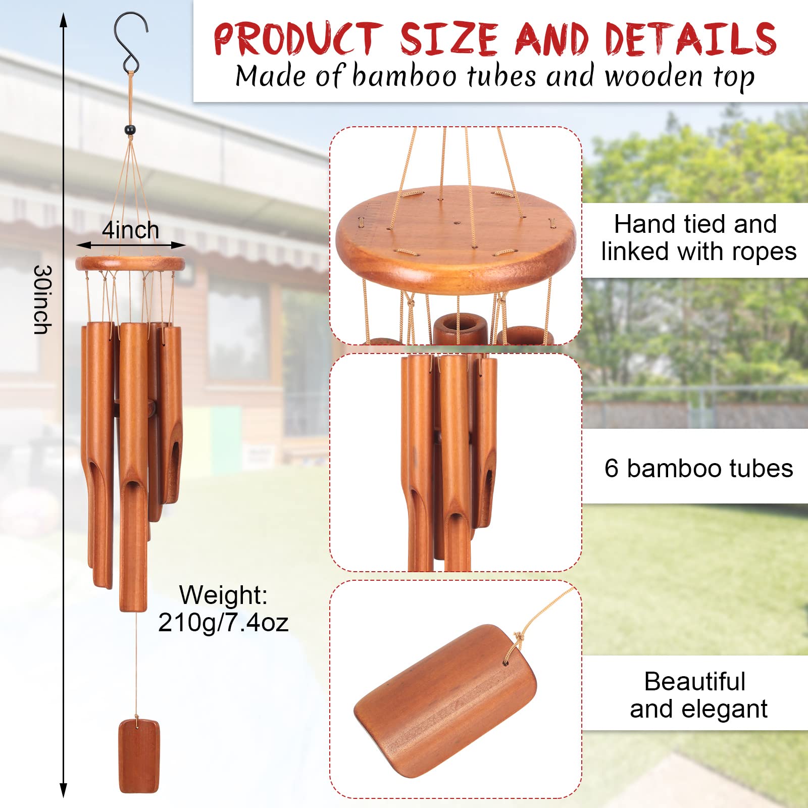 Vinsot bamboo wind chimes 30 inches middle view gentle tones for patios