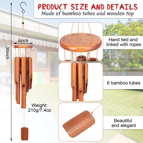Vinsot bamboo wind chimes 30 inches middle view gentle tones for patios