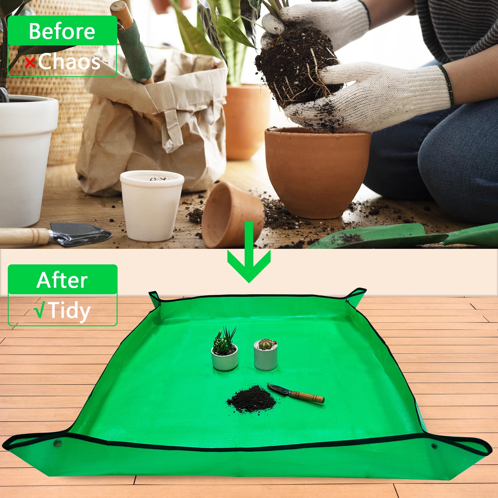 VinYankee repotting mat corner snapped for fast transplanting setup.