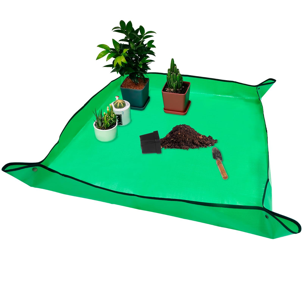 VinYankee repotting mat lies flat on a worktable for mess-free planting.