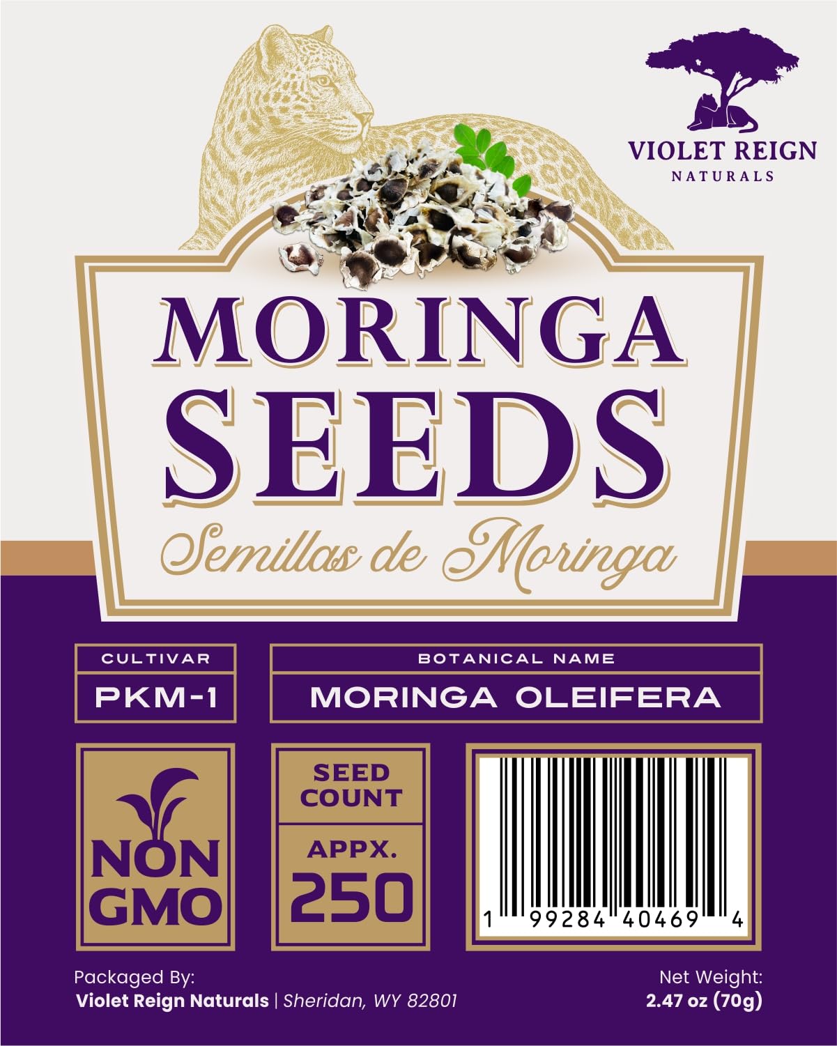 Violet Reign Naturals PKM-1 moringa seeds non-GMO packaging