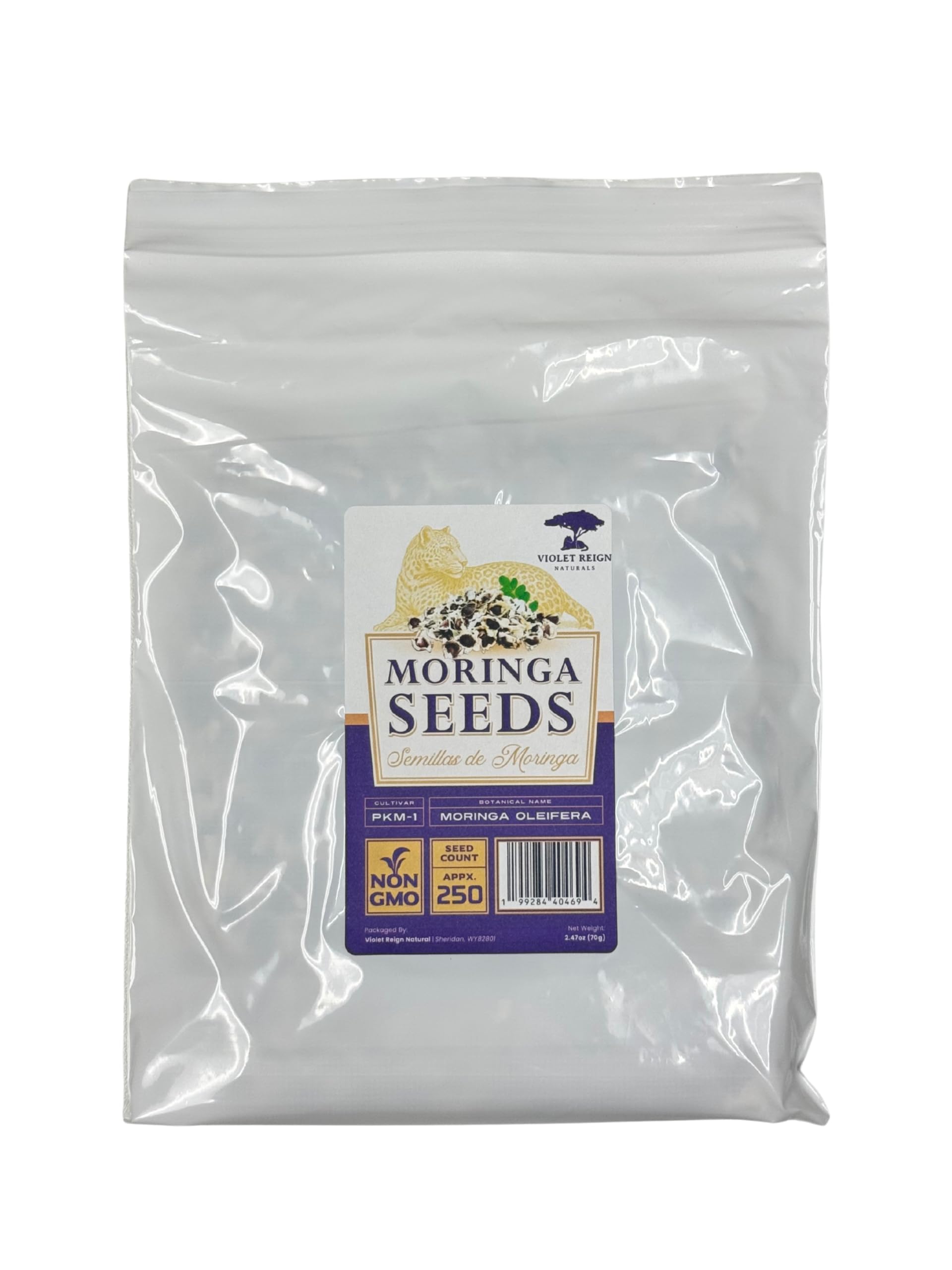 Violet Reign Naturals PKM-1 moringa seeds in resealable packaging for freshness