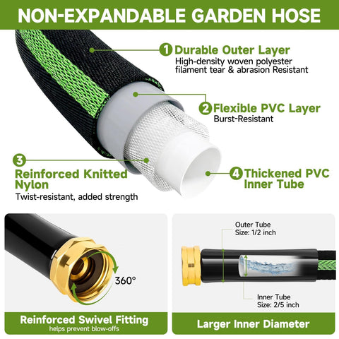 VIONMI garden hose 100ft three-quarter-inch fittings secure leak-free connections.