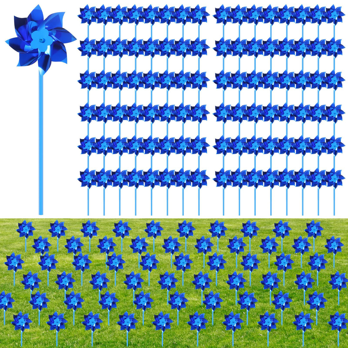VioraWhite 200 blue pinwheels on stakes illuminate gardens with wind-powered color.