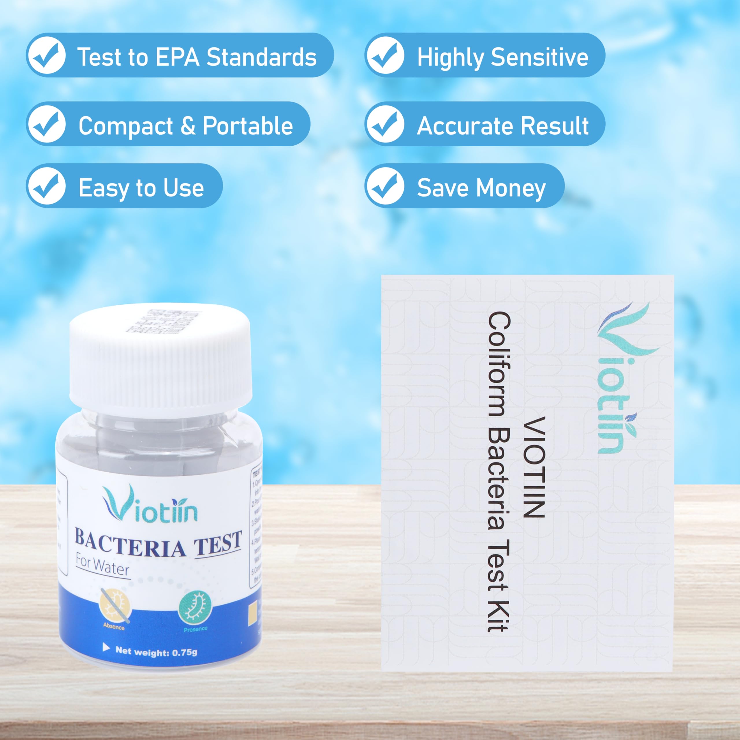 Viotiin bottle dissolution action highlights EPA-style bacteria testing with simple steps.