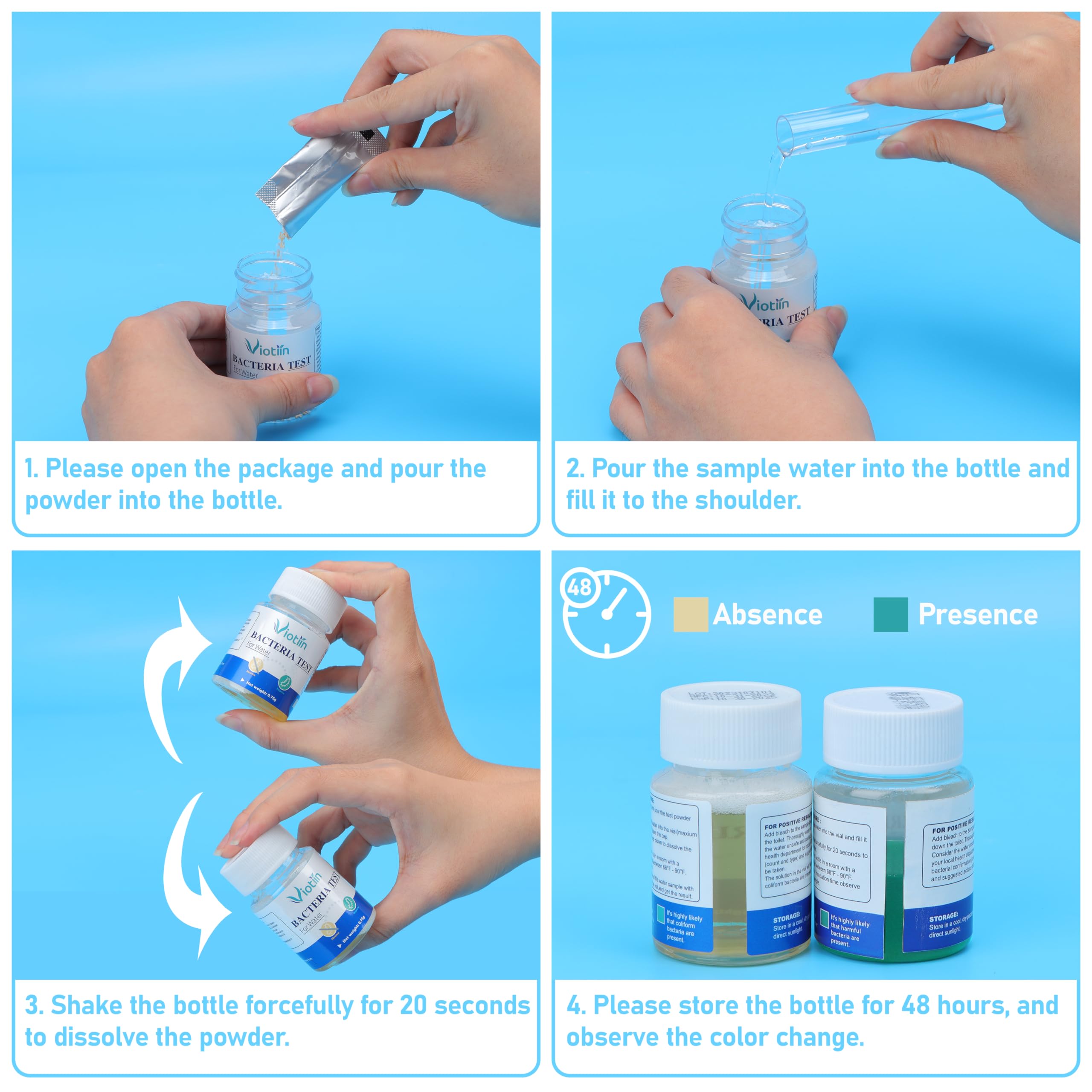 Viotiin test solution color change indicates bacterial presence clearly after 48 hours.