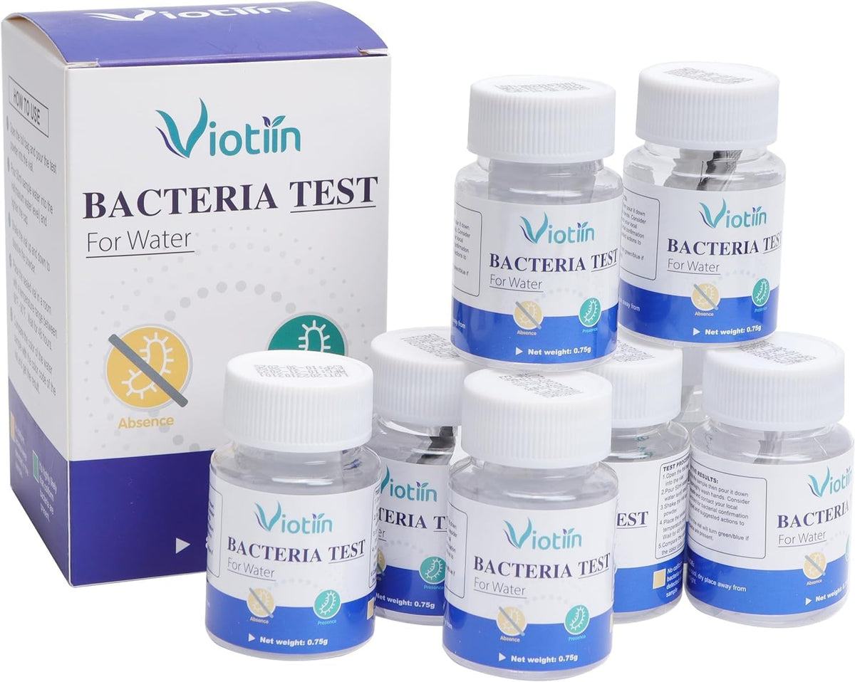 Viotiin water test kit pack shot shows eight tests for comprehensive water quality checks.