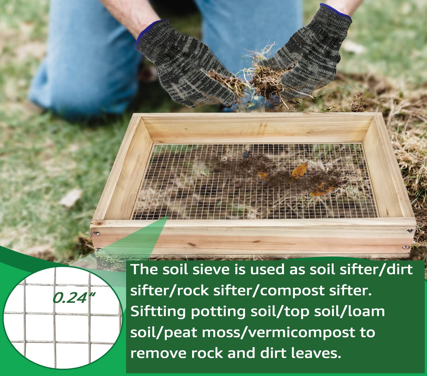 VIPMORE soil sifter closeup of 1/4-inch hardware cloth and mesh