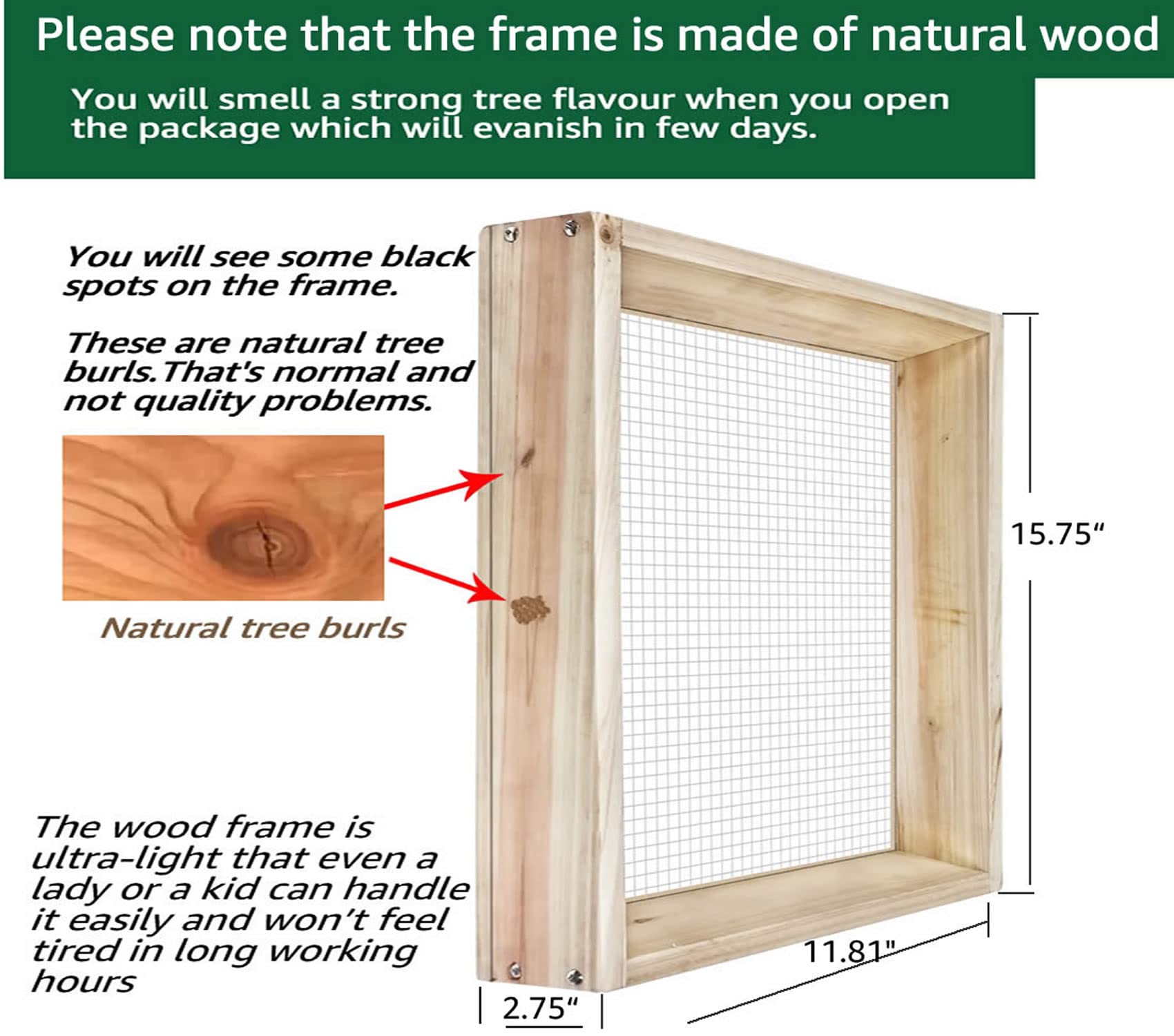VIPMORE soil sifter wooden frame, side view showing portable design