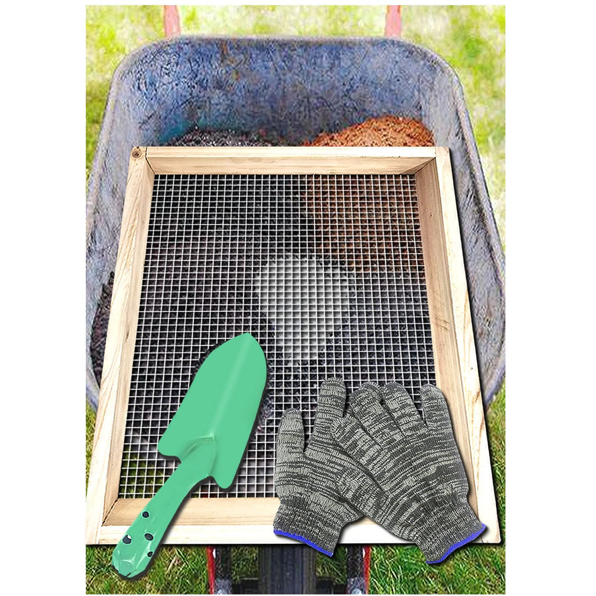 VIPMORE soil sifter with wooden frame, top view for garden soil prep