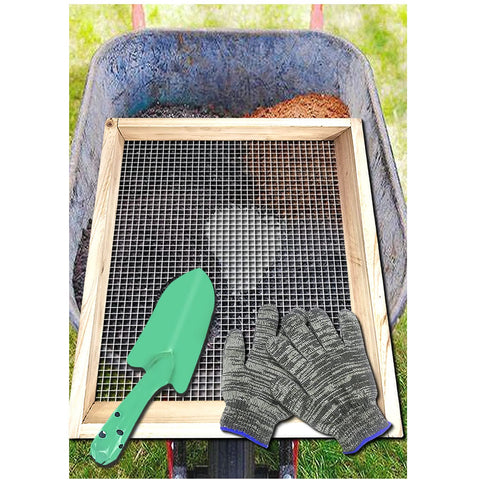 VIPMORE soil sifter with wooden frame, top view for garden soil prep