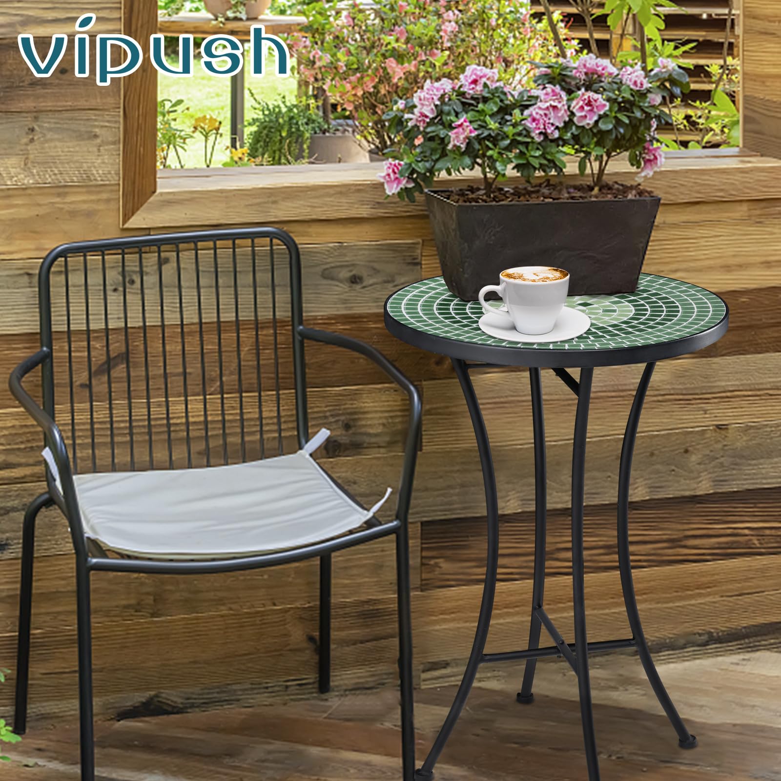 Vipush 14-inch round folding table ideal beside chairs for coffee or drinks.