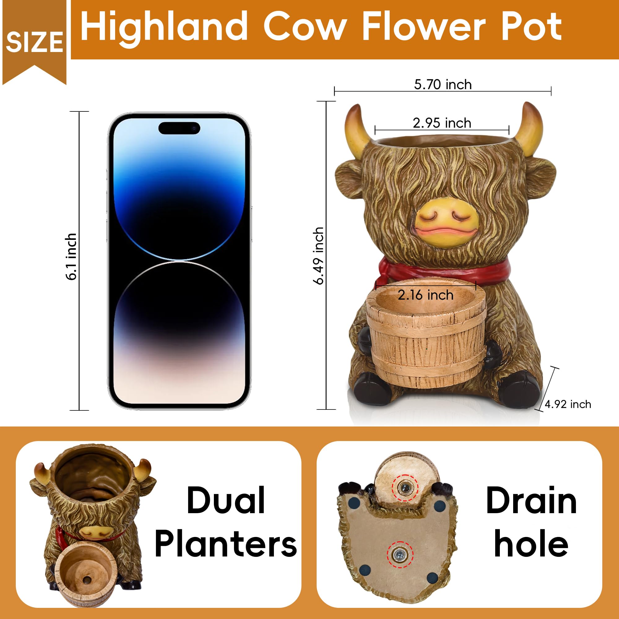 ViQuHaT Highland Cow planter with wooden bucket stand for rustic charm.