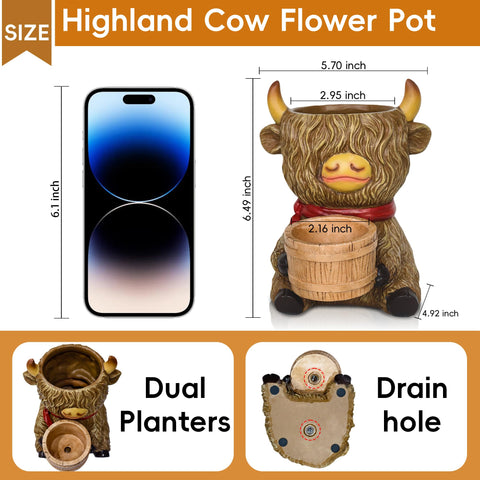 ViQuHaT Highland Cow planter with wooden bucket stand for rustic charm.