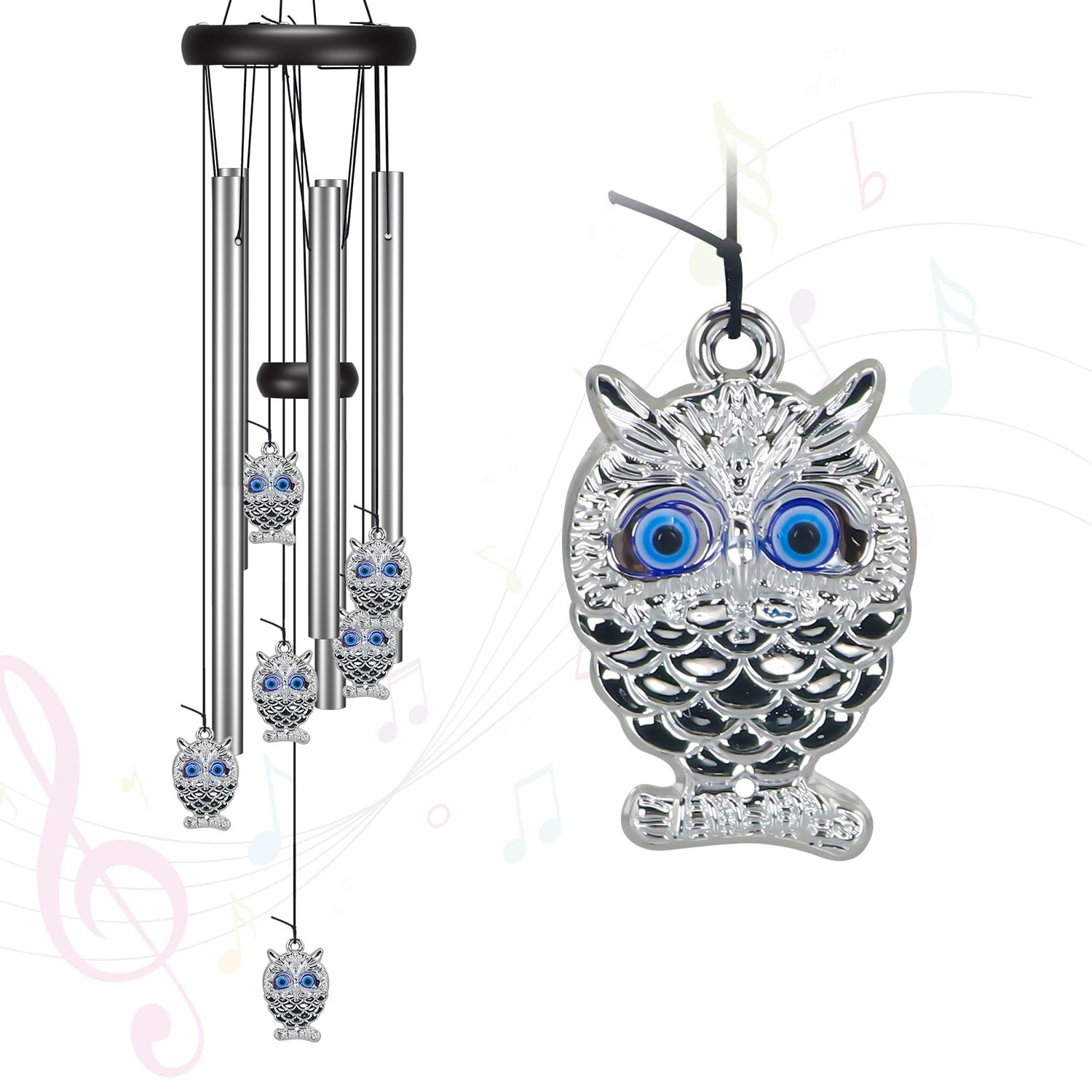 Virekm windchimes with blue evil eye owl create calming outdoor ambience.