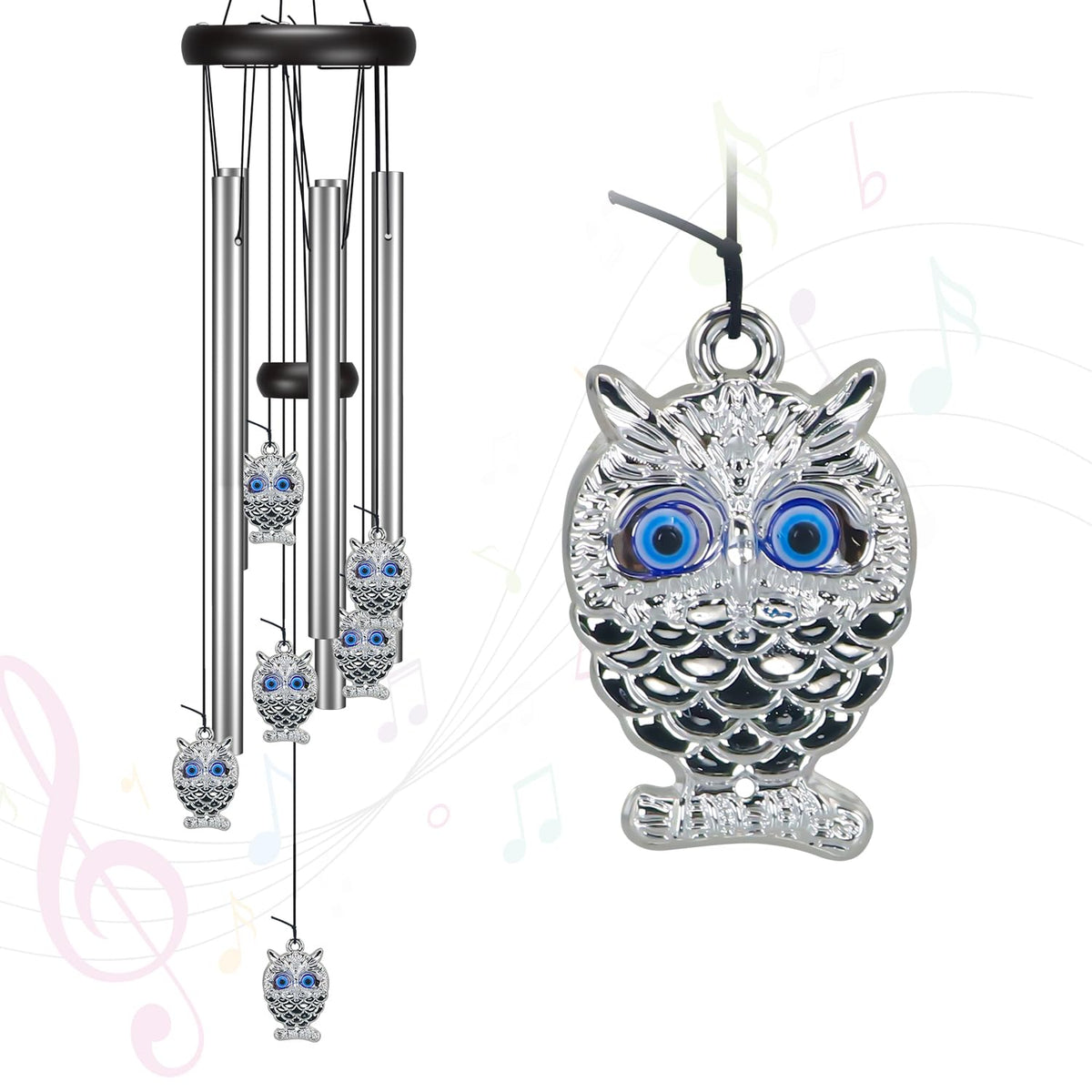 Virekm windchimes with blue evil eye owl create calming outdoor ambience.
