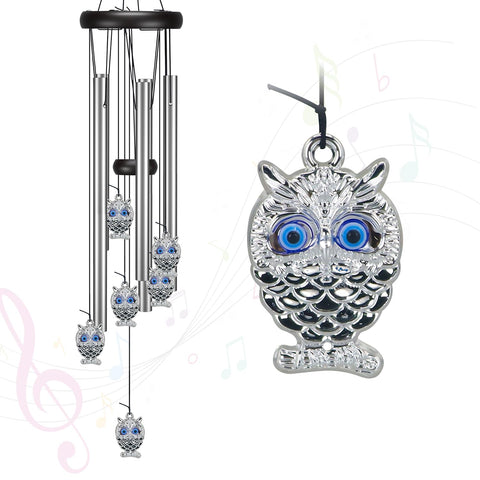 Virekm windchimes with blue evil eye owl create calming outdoor ambience.