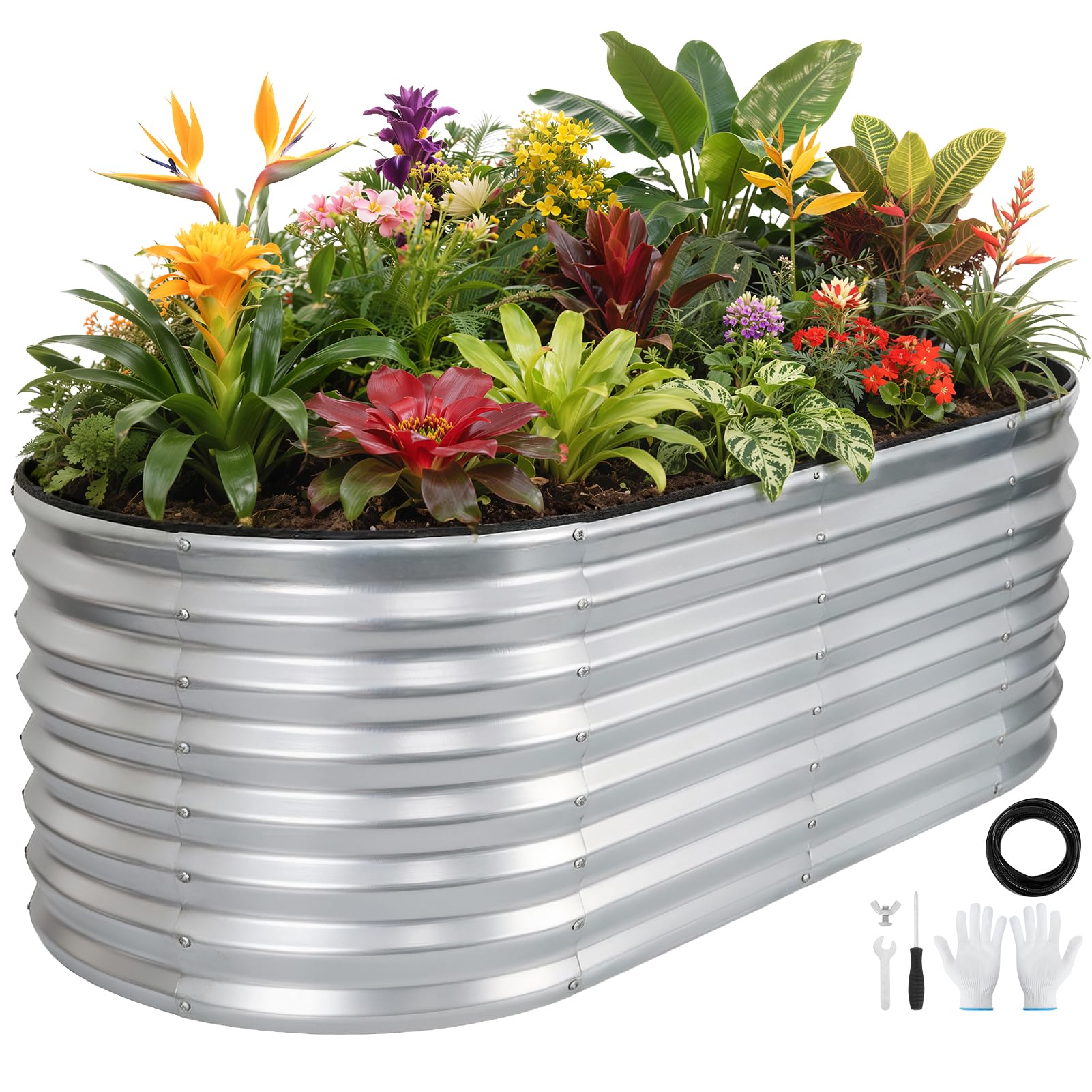 VIREO GARDEN oval galvanized raised bed ready for deep-root vegetables.