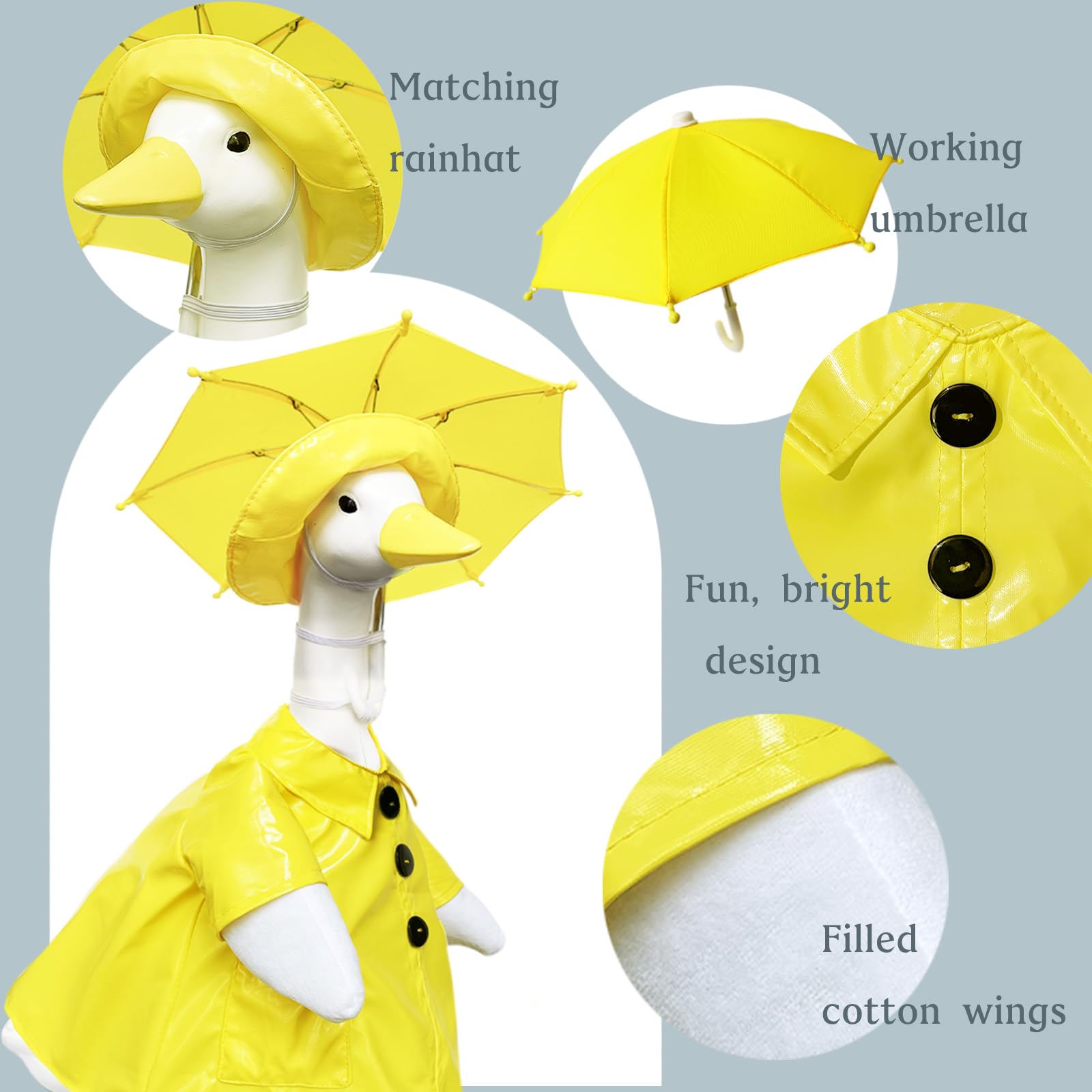 VireoSpire yellow-goose outfit with rain hat and umbrella brightens garden décor.