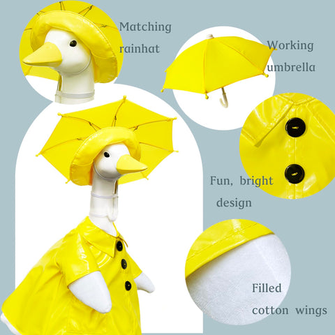 VireoSpire yellow-goose outfit with rain hat and umbrella brightens garden décor.