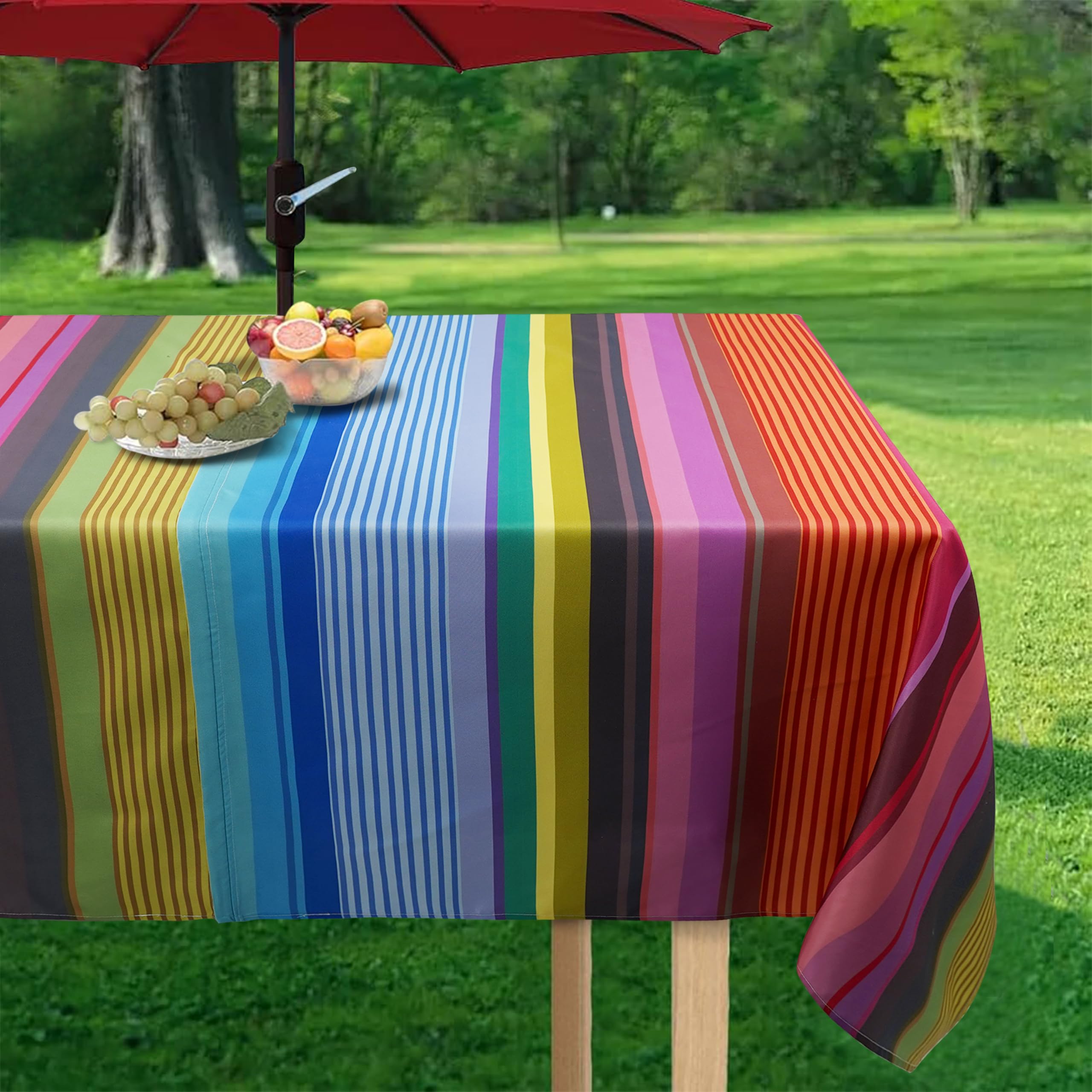 Virtumob 60x84 rectangular tablecloth fitting a standard backyard setup.