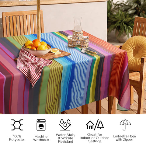 Virtumob tablecloth arranged for a garden party with colorful stripes.