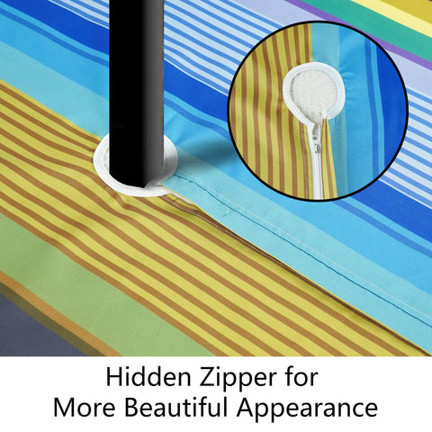 Virtumob striped tablecloth showing zipper design for easy use.