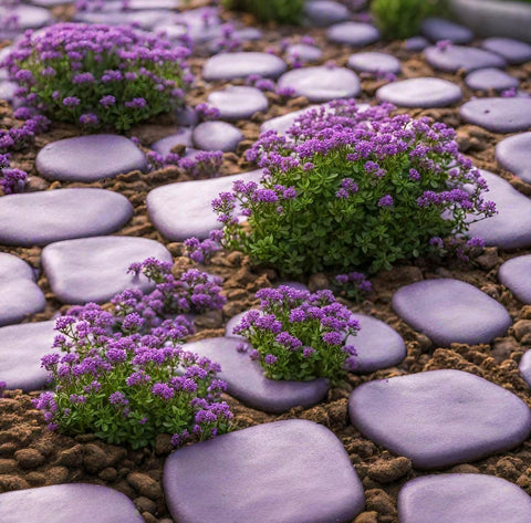VISTATU perennial thyme thriving as durable border in a sunny yard.