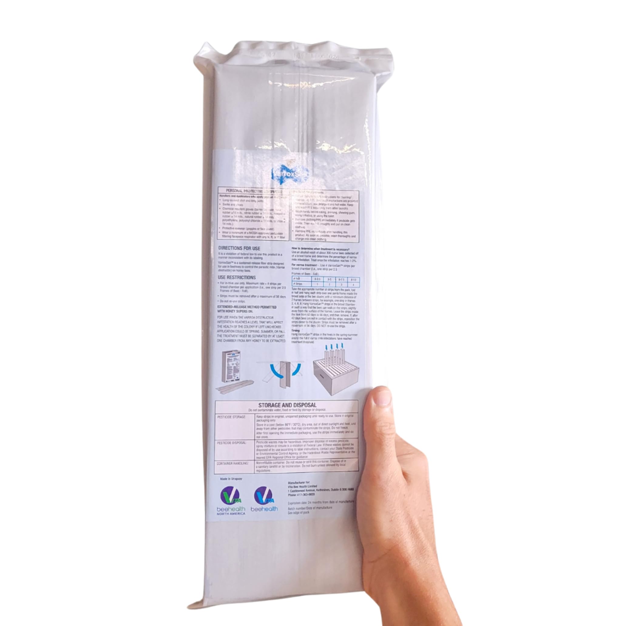 Long-release oxalic acid strip with natural matrix for week-long protection.