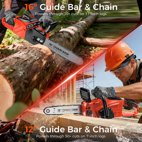 VitalFlow chainsaw ready with a 16-inch guide bar for larger logs