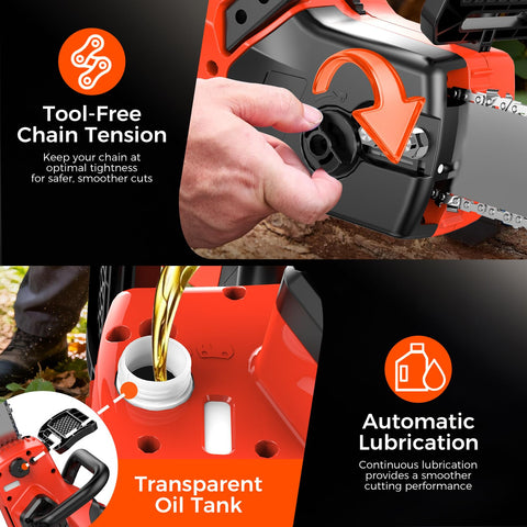 Safety start and stop system on VitalFlow chainsaw in use
