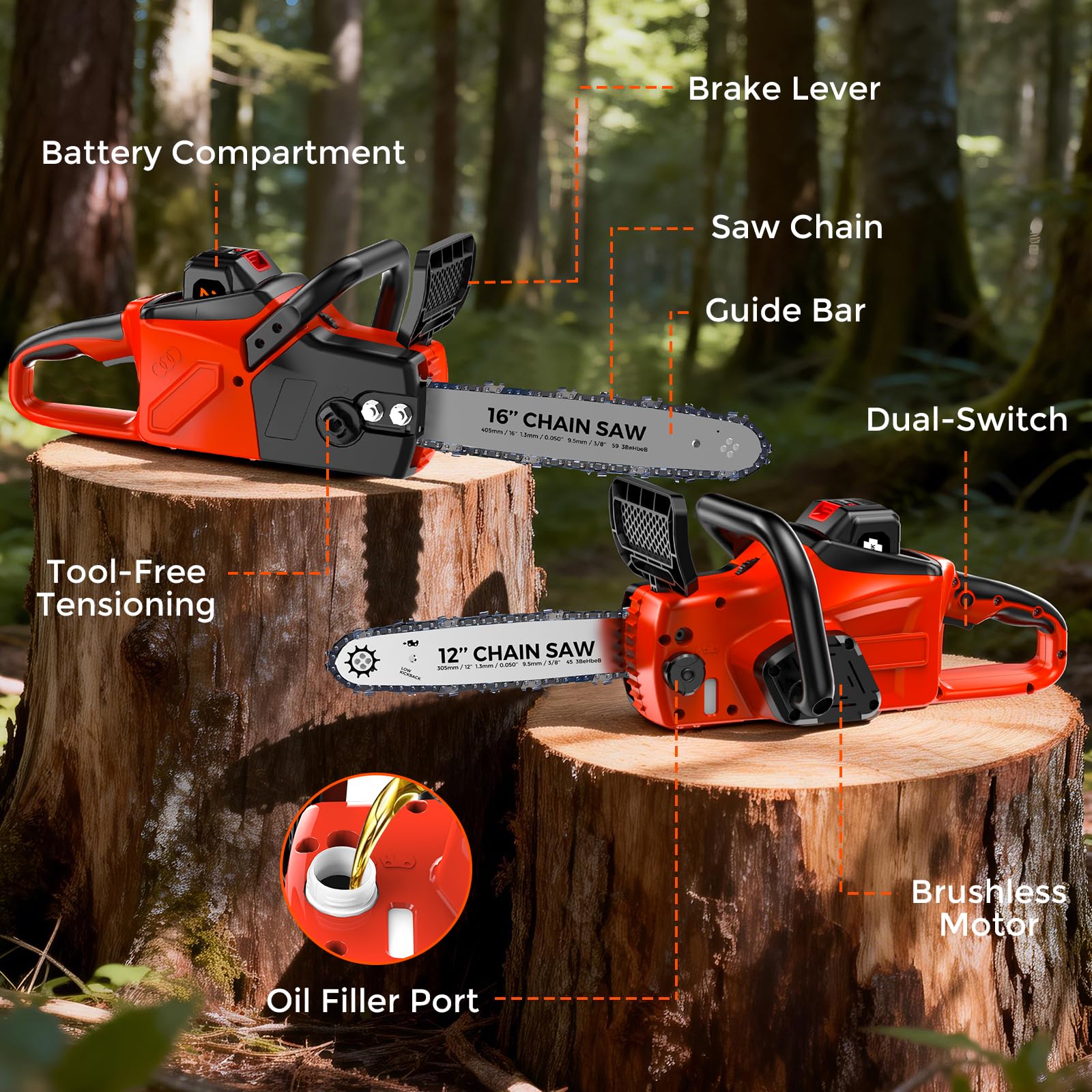 Tool-free chain tensioning on VitalFlow chainsaw for quick adjustments