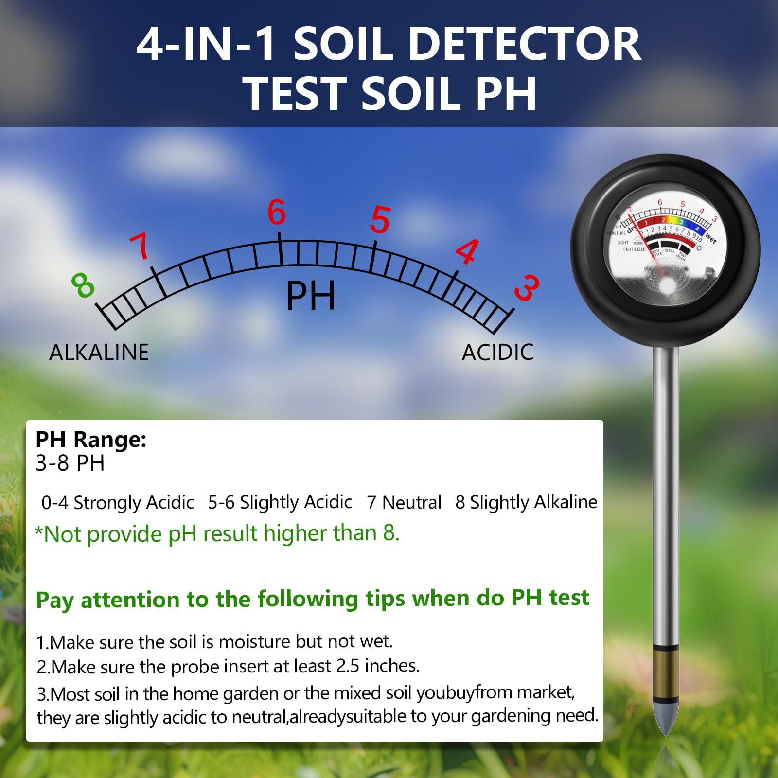  Vitamicor 4-in-1 soil tester light readout guides sun exposure.