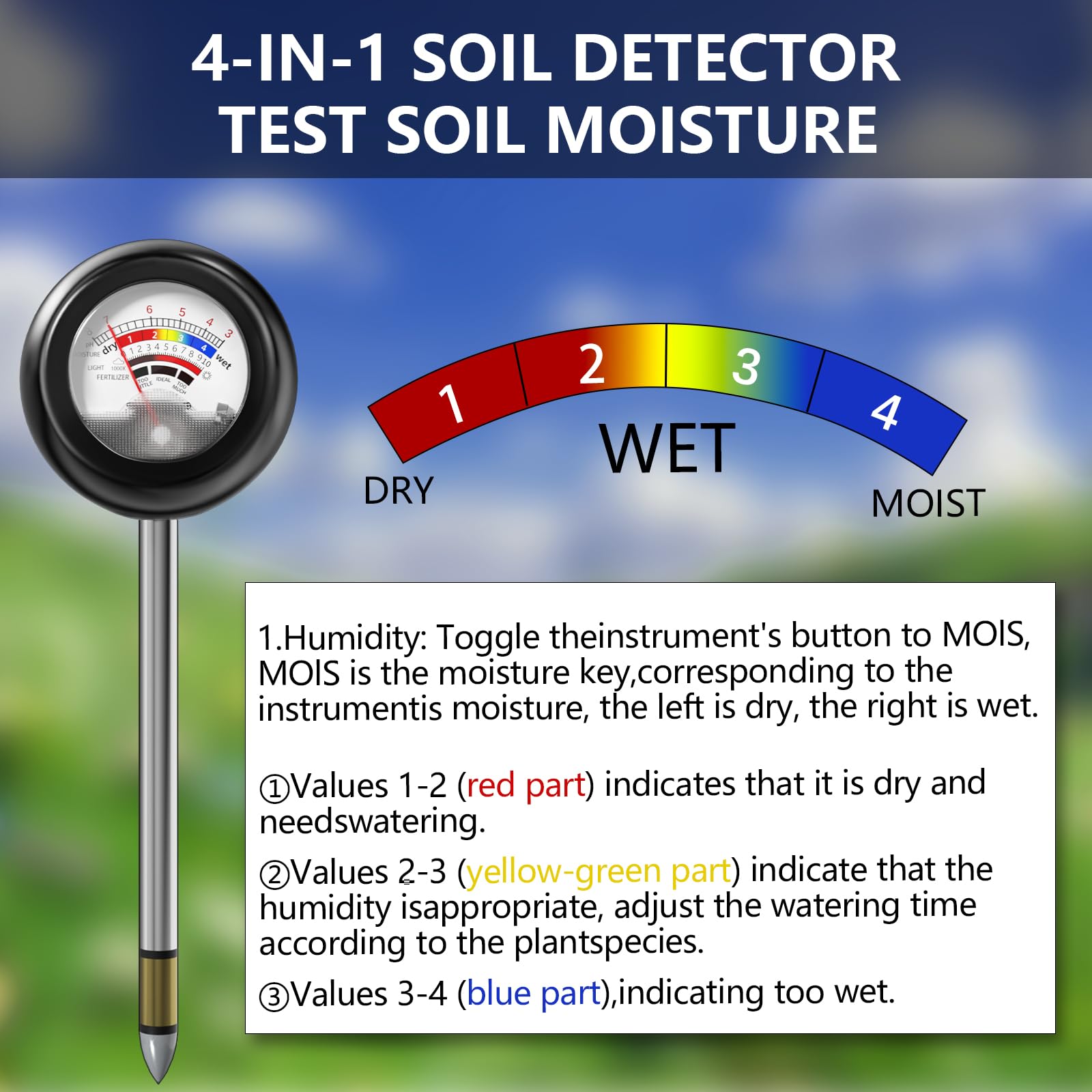 Vitamicor 4-in-1 soil tester pH dial helps balance soil.