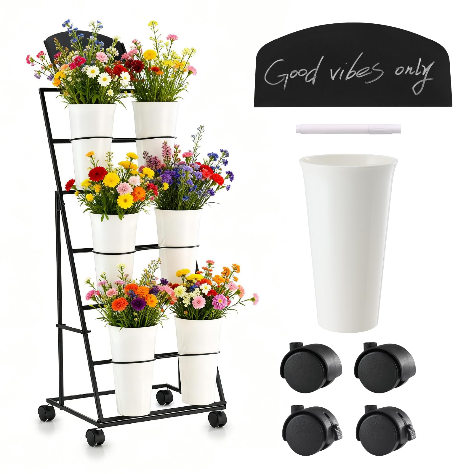 VitarBora flower stand with 6 detachable buckets for easy floral swaps.
