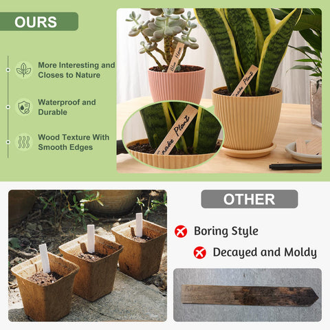 VITEVER garden labels double-sided wood design blend with pots
