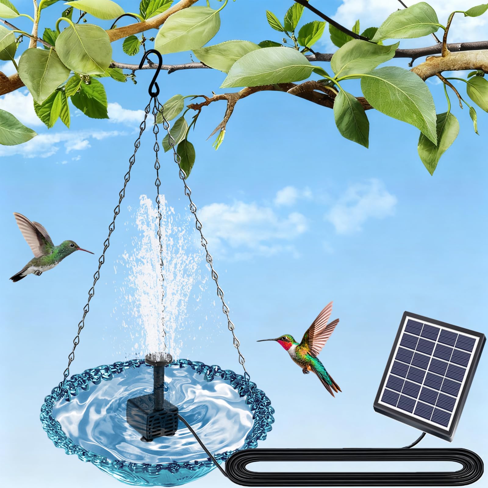 VIUMVC solar bird bath hanging bowl attracts birds with a graceful fountain