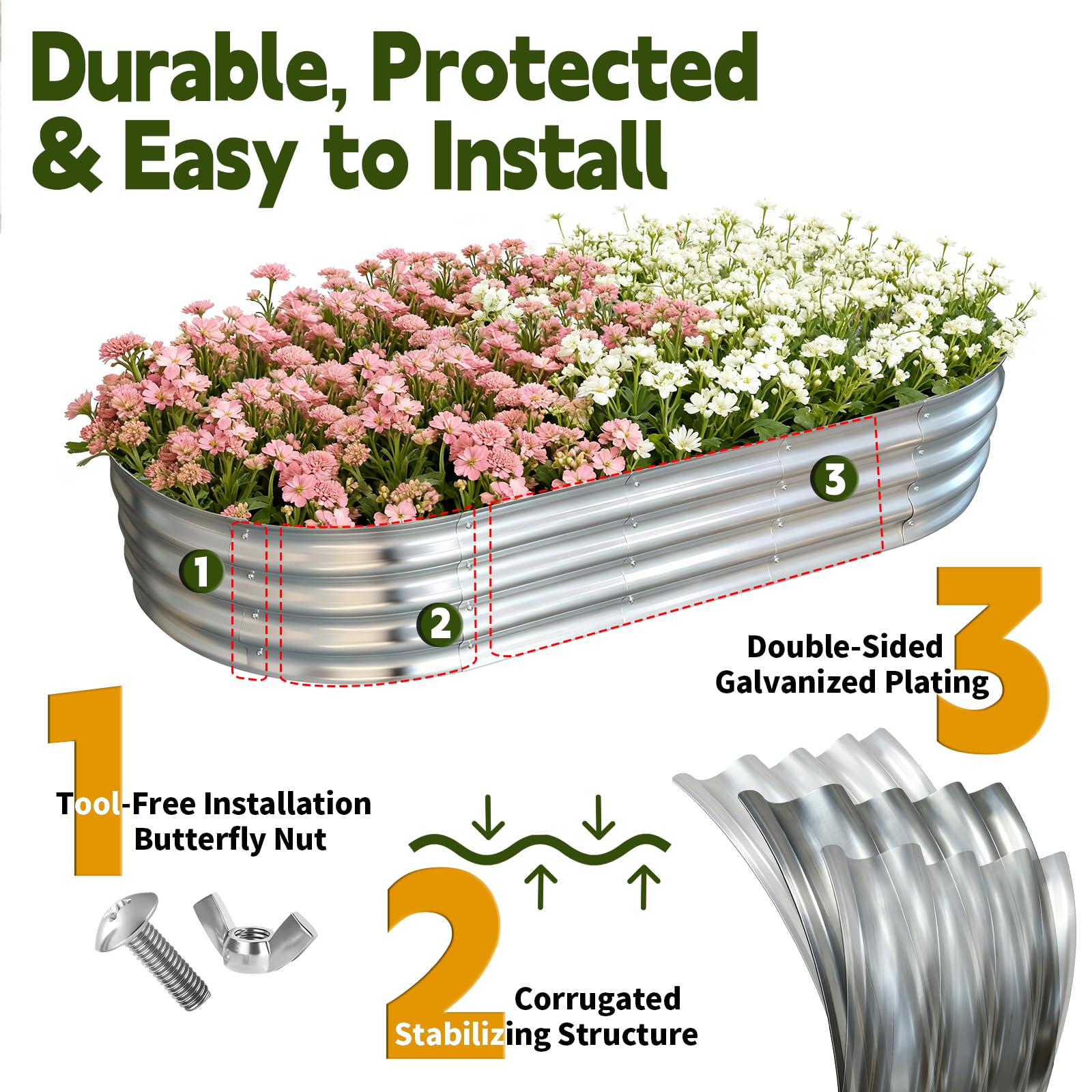 Vivagarden 6x3x1ft oval metal planter showing overall dimensions.