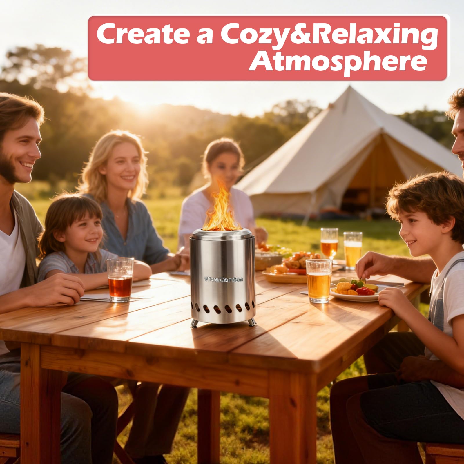 Vivagarden fire pit in use at dining or camping setup.