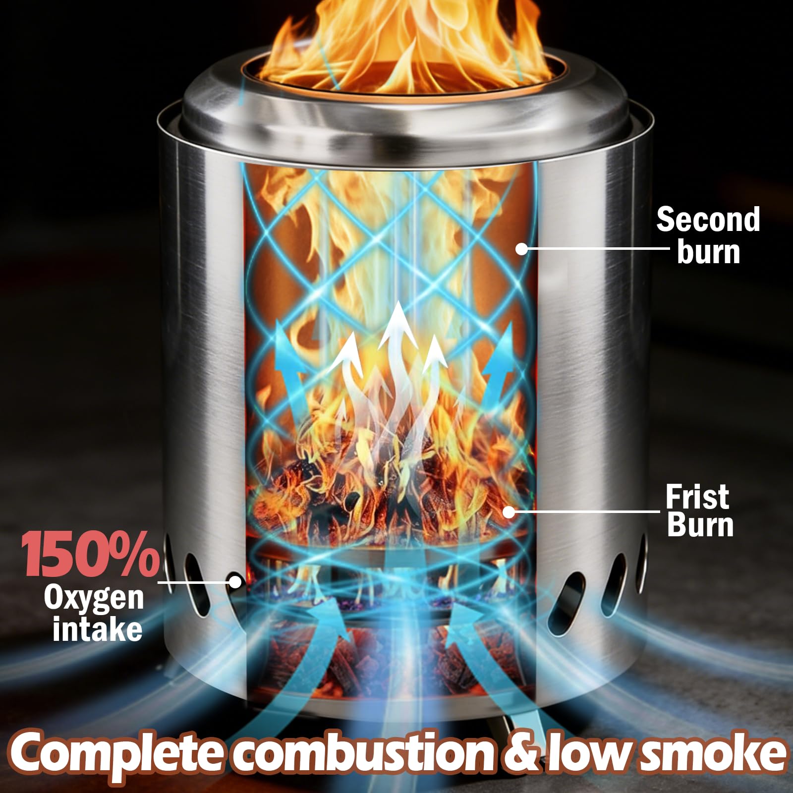 Vivagarden fire pit supports wood, pellets, or firestarter squares.